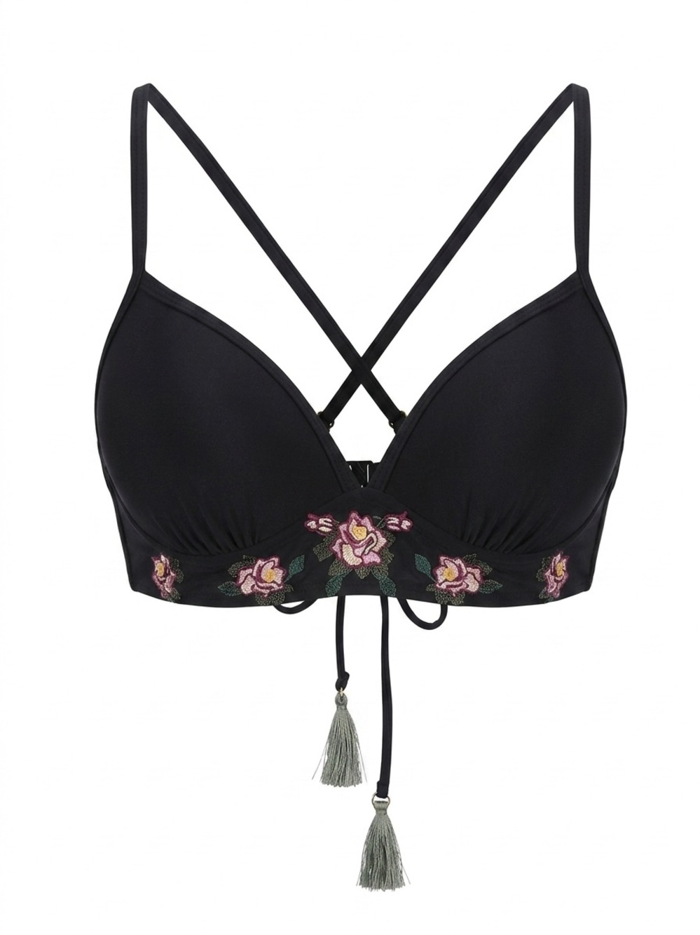 Time and Tru Black Floral Embroidered One-Piece Bikini Top with Tassels